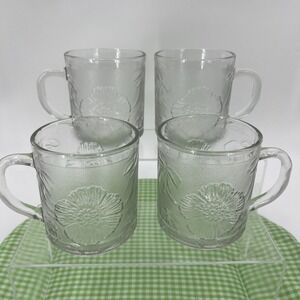 4 Vintage KIG Indonesia Clear Glass Mugs Embossed Hibiscus and Tropical Leaves